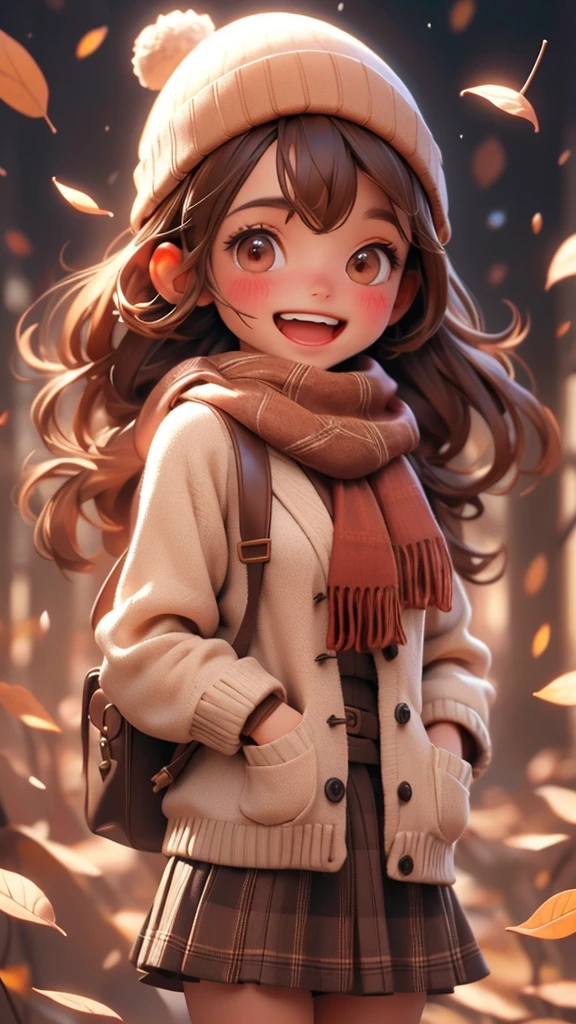 A cute girl with brown hair and brown eyes wearing a beanie, a brown scarf, and a red sweater, holding a disposable cup and looking at the viewer with an open-mouthed smile. The girl is surrounded by autumn leaves falling in a blurry background. (best quality,4k,8k,highres,masterpiece:1.2),ultra-detailed,(realistic,photorealistic,photo-realistic:1.37),1girl,extremely detailed, intricate, masterpiece, absurdres, chibi, bangs, black headwear, blurry background, blush, brown eyes, brown hair, brown scarf, brown skirt, cardigan, cowboy shot, disposable cup, falling leaves, beanie, holding, holding coffee, leaf, long hair, long sleeves, looking at viewer, open cardigan, open mouth, plaid skirt, puffy long sleeves, red sweater, scarf, shirt tucked in, sidelocks, skirt, smile, solo, sweater, white shirt