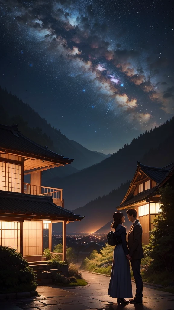A wide-angle view captures the essence of a masterpiece, showcasing the impeccable quality and hyperrealism in the style of Makoto Shinkai. The scene depicts a breathtaking hillside where a couple's silhouettes stand, gazing at the glittering cityscape of Japan at night. The sky is adorned with a myriad of stars, and a shooting star streaks across, illuminating the area beside the characters' faces. This magical and romantic atmosphere is further enhanced as the couple's figures blend seamlessly with the distant lights, creating a mesmerizing composition.

Generate