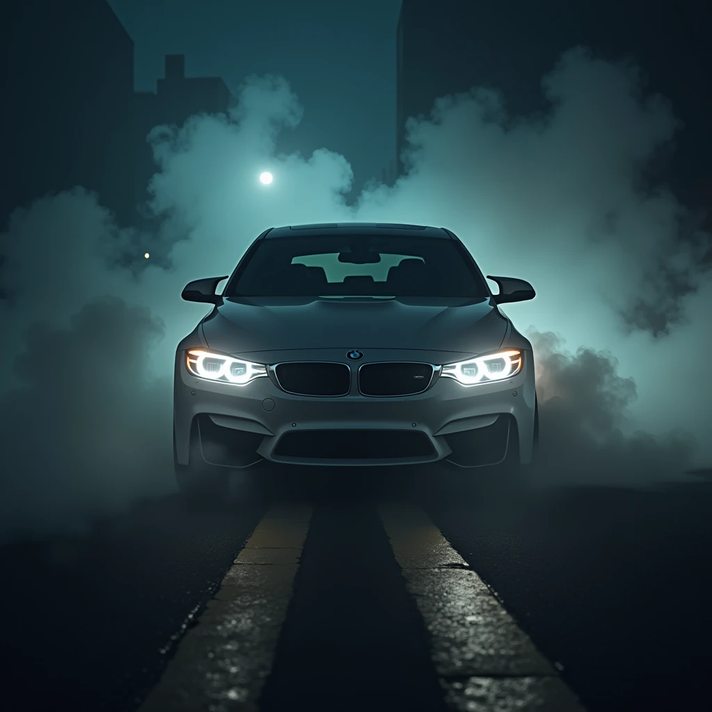 Des phares de bmw qui apparait a travers la fumer les pneu la nuit 
