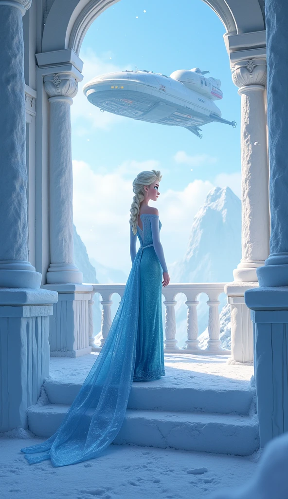 Elsa standing on the balcony of the sparkling ice castle, all around is white snow falling gently. Look up in the sky there is a spaceship
