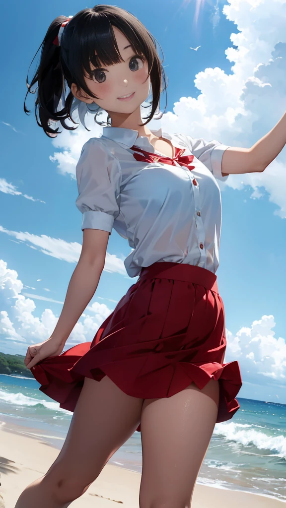 Black short bob、Cute Smile、White button-down blouse、The red bra is sheer、Light blue skirt、A skirt flying high in the wind、Cute white underwear、barefoot、Sandy beach, sea and cumulonimbus clouds