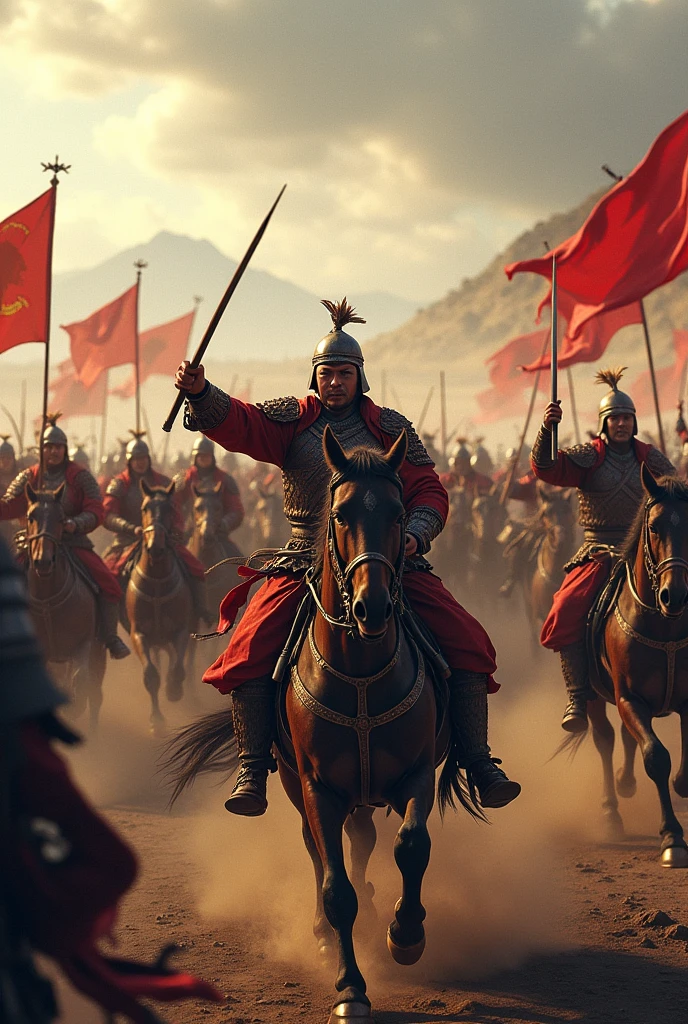 Please create an image of a Mongolian war where many warriors are seen in battle