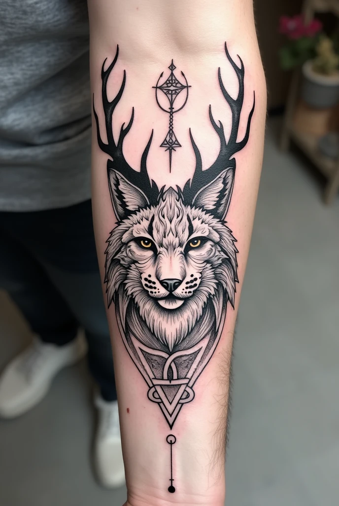 Could you create a sketch of a tattoo with just lines for the forearm of a lynx with deer antlers??, also with Nordic symbols