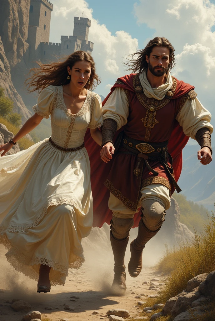 Medieval unarmored duke saving princess holding hands running
