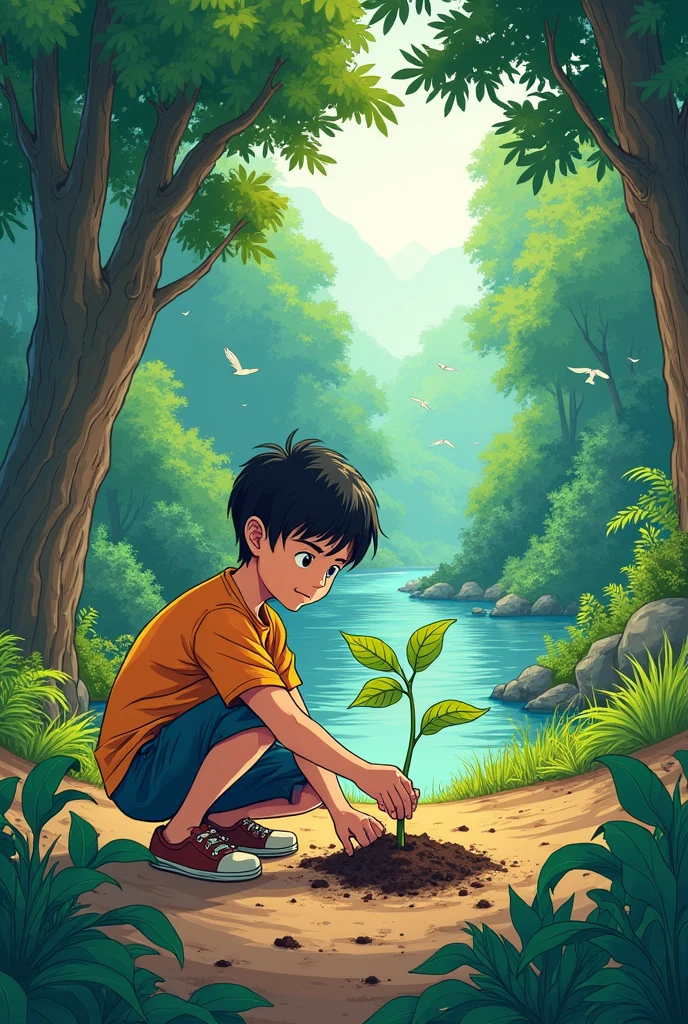 Give me an environmentally friendly manga style image,planting a tree ,details the background more,make a short haired boy 