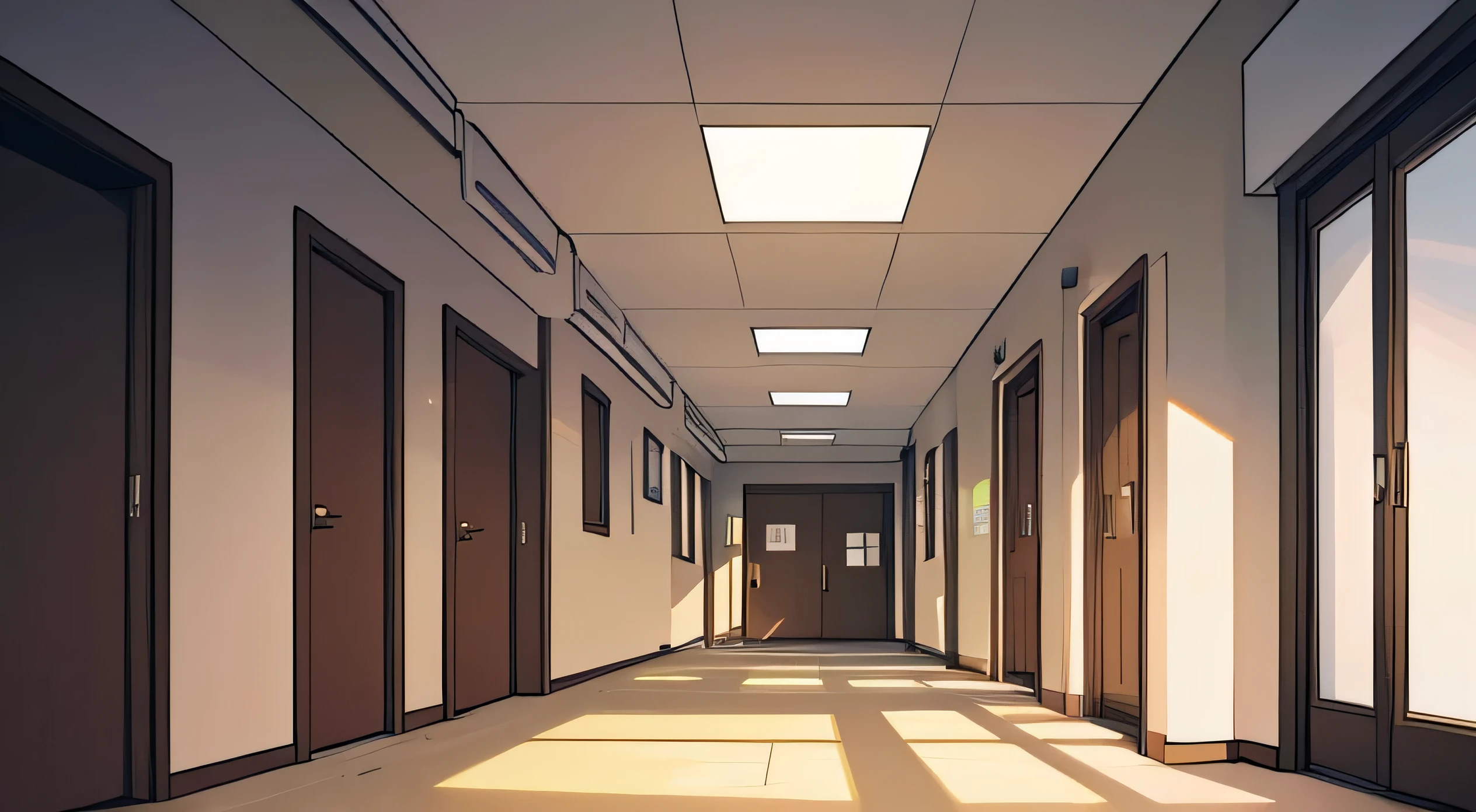 A modern office hallway with a clean and professional design. The hallway features smooth, light-colored walls, possibly made of polished stone or sleek wood paneling, creating a bright and airy atmosphere. The floor is covered with either high-quality tiles or soft, neutral-toned carpeting. Recessed ceiling lights provide even, soft illumination, casting a gentle glow across the space. Along the hallway, there are doors with frosted glass windows, leading to various offices, with subtle signage beside each door. The corridor is wide enough to feel spacious, with perhaps a few modern artworks or plants placed along the walls, adding a touch of elegance. The overall atmosphere is quiet and orderly, reflecting the professionalism of the office environment.