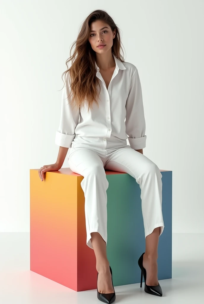 best qualityer:1.4), (ultra high resolution:1.2), (photorrealistic:1.4), (8k, CRU photo:1.2), 1 28 year old woman with white skin. Long light brown hair loose . brown eyes . He is wearing a white dress shirt. white social pants. black highheels. She is sitting on top of a colorful cube. You are in a photography studio with a white background. She is Brazilian.