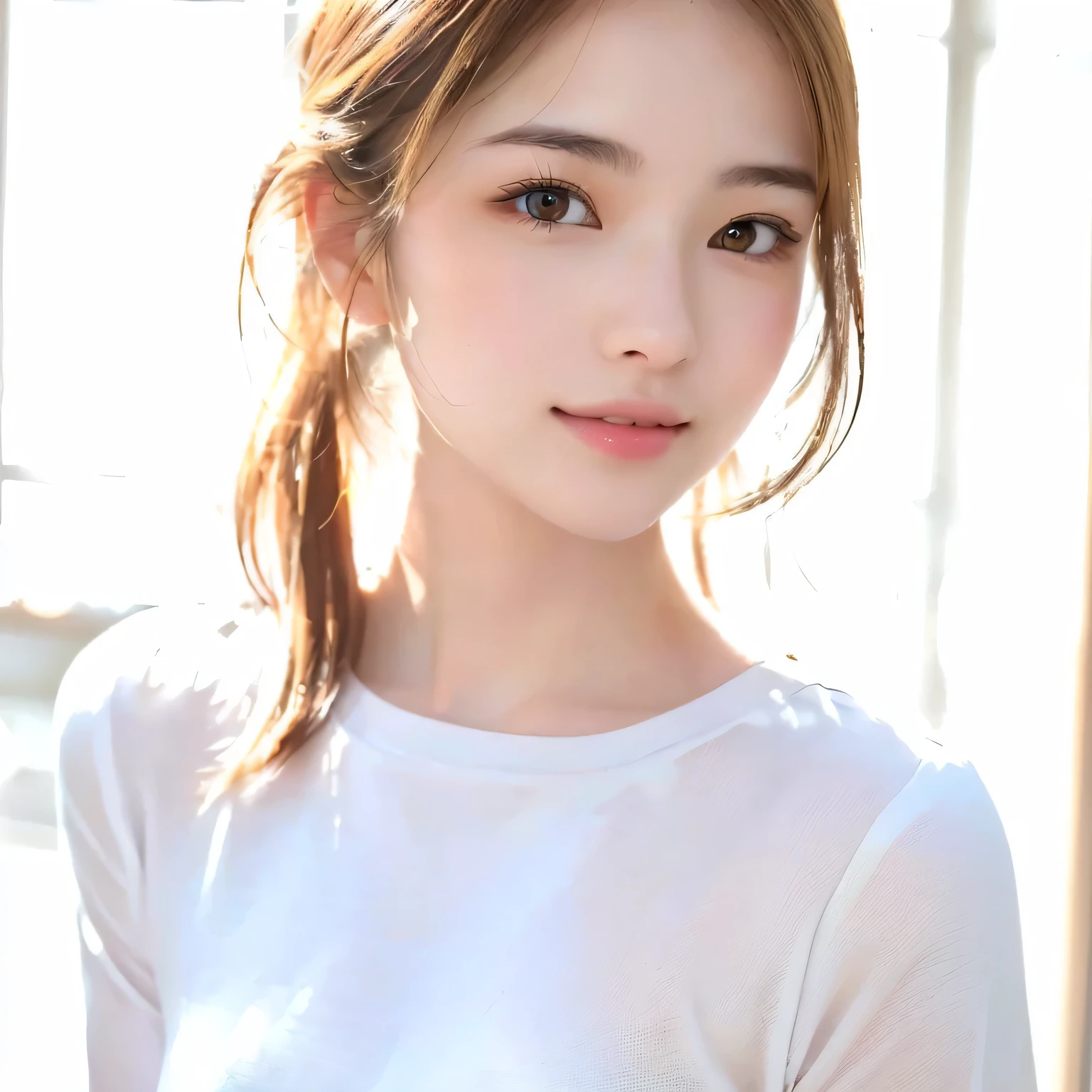 Highest quality, Face Focus, Soft Light, Ultra-high resolution, (Realistic:1.4), RAW Photos, One of the Japan,
 alone, cute, (pupil, light in your eyes), Beautiful face in every detail, (Small Box),(High resolution detail of human skin texture),
 (Medium-long hair),In the classroom , Wearing a high school uniform, (Portraiture),smile,Upper body from the waist up
