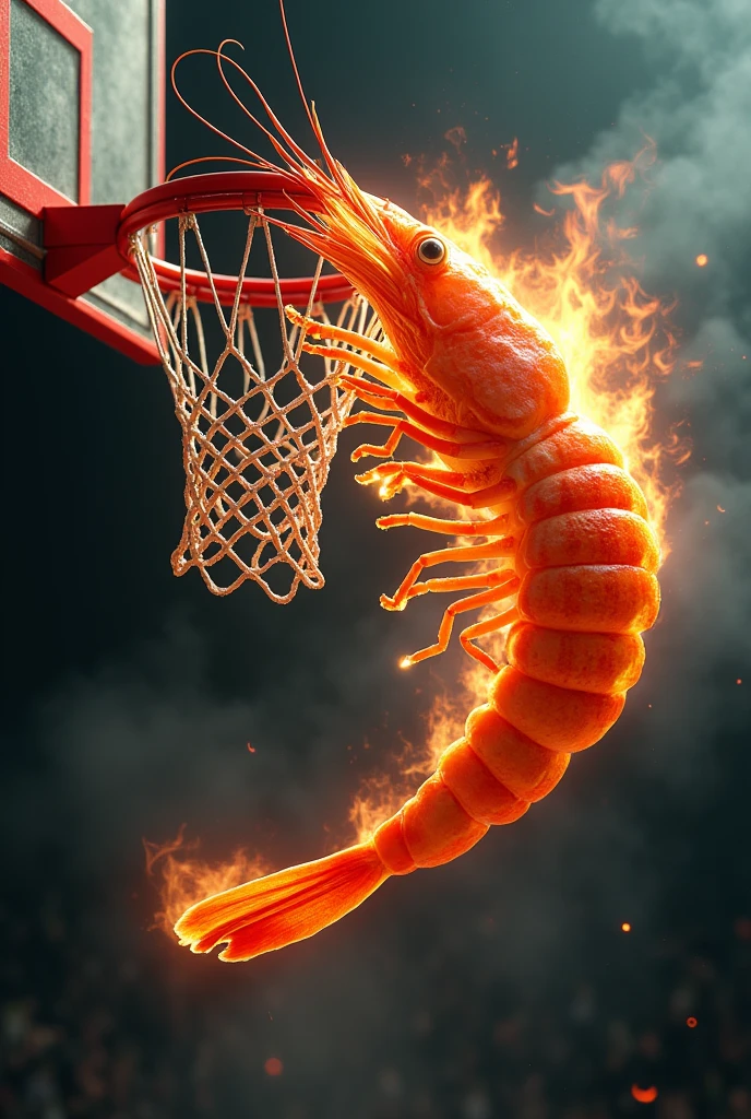 Create a flaming shrimp by dunking in basketball