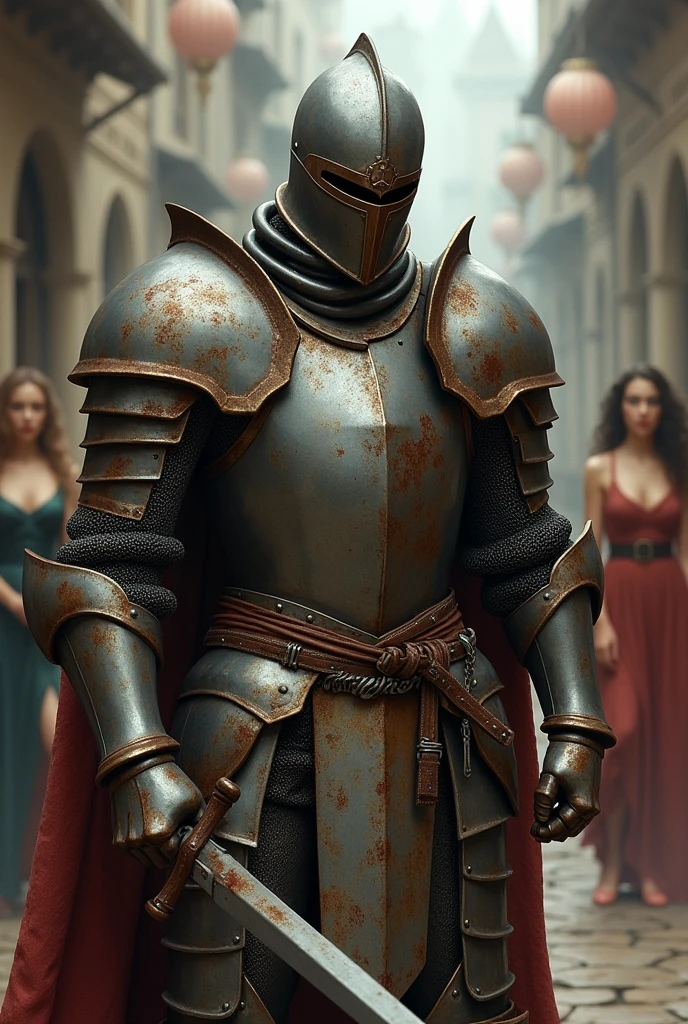 It's on sale, and everything is fantasy,
The girls are ladies (prostitute), the innkeeper a gentleman,
With his visor on, he continues on his way,
Because in his mind he is the hero, the best (Knight in fake cloth and rusty iron armor)