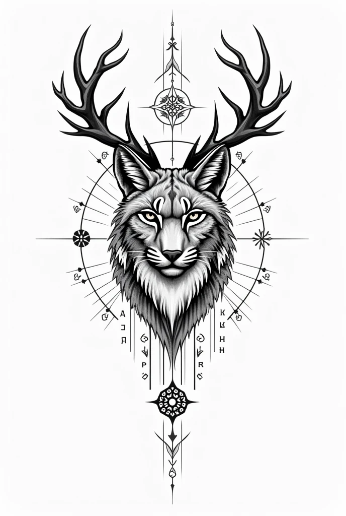 Could you create a sketch of a tattoo with just lines for the forearm of a lynx with deer antlers??, also with Nordic symbols