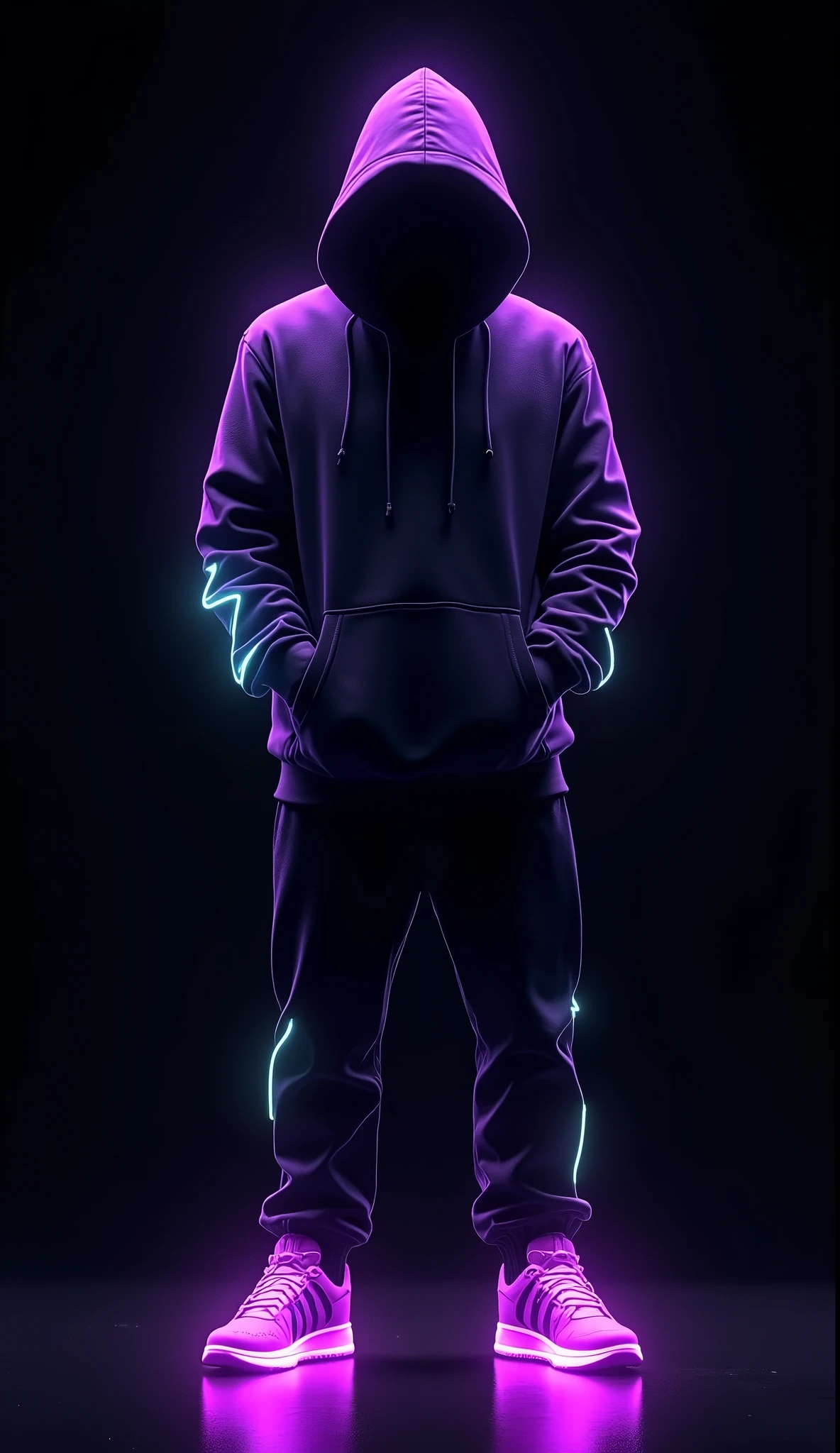 A hooded figure stands silhouetted against a pitch-black backdrop, its vibrant features radiating an otherworldly glow. Neon outlines dance across their hoodie and sneakers, bathing them in a kaleidoscope of purple, green, and blue hues. Sharp, intricate details accentuate the luminous effects, drawing attention to the character's mesmerizing aura.