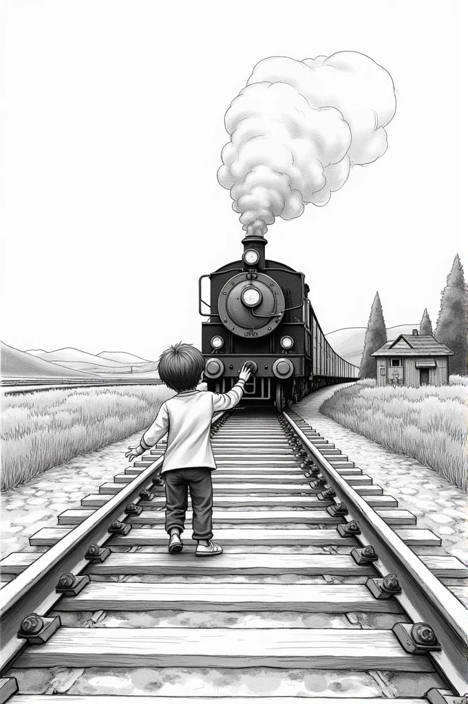 Child reaching out to a train on a train track, that is not difficult to draw