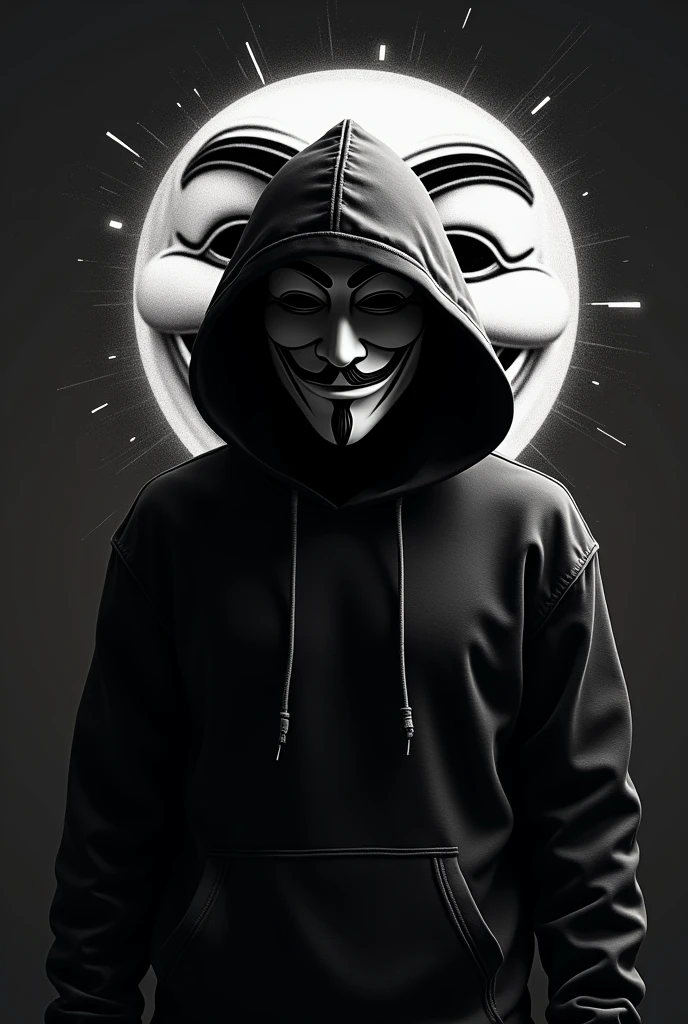 Create a gamer-style profile picture that has Anonymous wearing a hoodie and his Anonymous mask in the background but with the mask standing out and with the cover written Anonymous-EMDV 