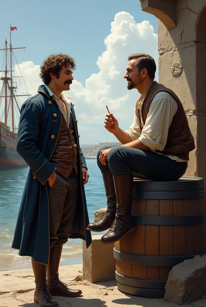 Draw two Russian sailors in the genre of realism, 18th century in the port of Chile. They are standing together near the ship and discussing something.. Give one of them a big mustache and curly short hair.. The second one is clean shaven and has sideburns., sits on a barrel and smokes a cigarette.