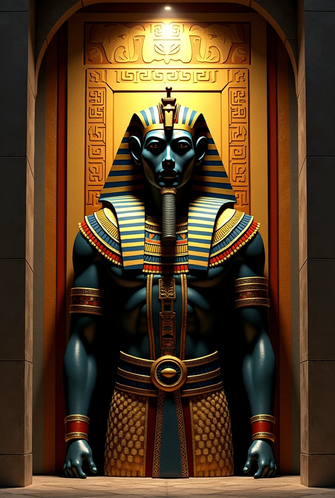 An artistic Egyptian guard design in a low light background with a glorious gold,black,yellow and red background for an exterior wall of a home.