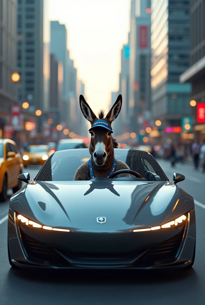 A modern car driven by a donkey taking the uber