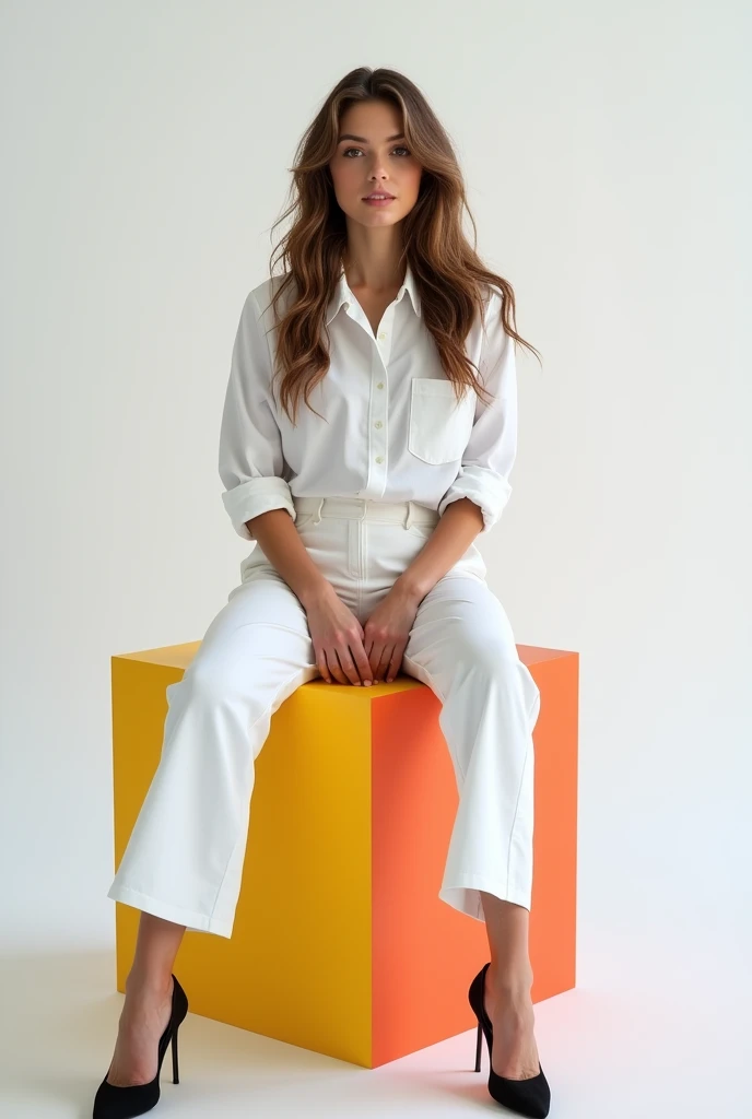 best qualityer:1.4), (ultra high resolution:1.2), (photorrealistic:1.4), (8k, CRU photo:1.2), 1 28 year old woman with white skin. Long light brown hair loose . brown eyes . He is wearing a white dress shirt. white social pants. black highheels. She is sitting on top of a colorful cube. You are in a photography studio with a white background. She is Brazilian.  
