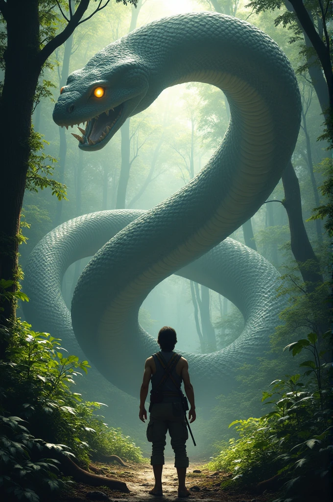 A man with medium hair in the forest stands facing back a giant snake