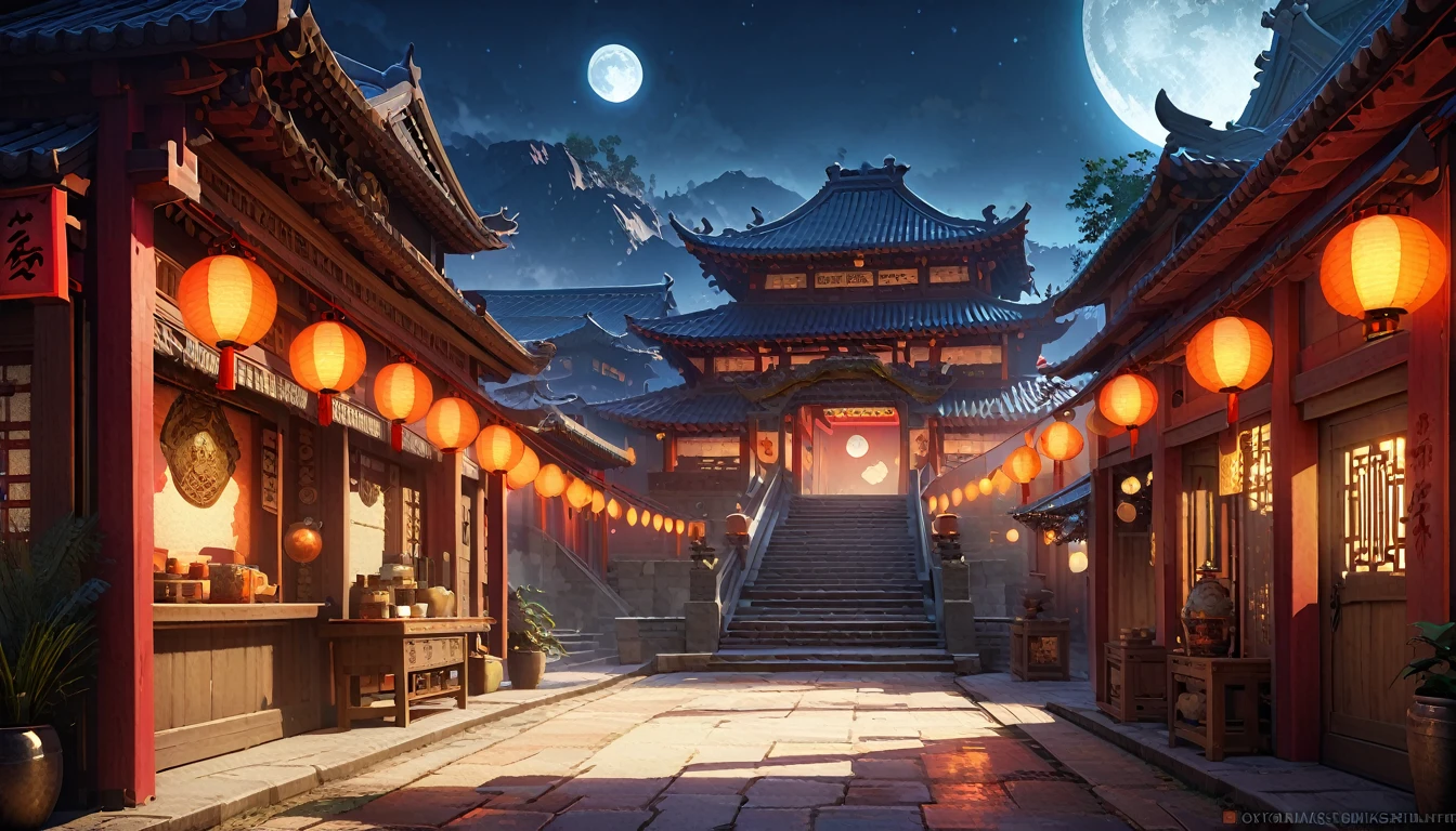 Official Art, ancient China, Ancient Street, (night), (moon), Light, beautiful scenery, Magnificent scenery, Realistic lighting, masterpiece, high quality, Beautiful graphics, High Detail, Global Illumination, Unreal Engine Rendering, Octane Rendering, (high resolution:1.3)