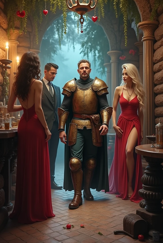 It's on sale, and everything is fantasy,
The girls are ladies (Prostitutes), the innkeeper a gentleman,
With his visor on, he continues on his way,
Because in his mind he is the hero, the best (knight in fake wooden armor, fabric and rusty iron)