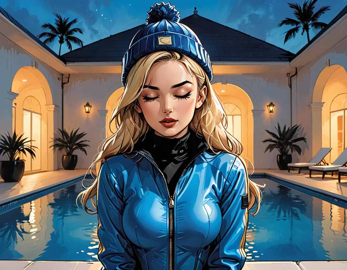 (((closed eyes))), ((open mouth)), (fullbody), night,palm, close-up portrait ((girl in Blue zipped up down winter jacket and black turtleneck )) and (jeans) and blue gloves and (((blue winter hat)))) in a lotus pose next to the pool at the white hotel with open mouth, white hotel, pool,  adult, [Nordic], Hourglass elongated fitness body, perfect Olive skin, Oval Face, Long neck, Rounded shoulders, perfect hand, Attached Pointed ears, round forehead, (Short blonde Waves pixie hair), snub nose, Arched eyebrows, ((closed Eyes)), High Round Narrow cheekbones, Dimpled Cheeks, Rounded Chin, Rounded Jawline, Full nude Lips, (closed eyes), Nude Makeup Look, long eyelashes,  graphic style of novel comics, perfect hands, 2d, 8k, hyperrealism, masterpiece, high resolution, best quality, ultra-detailed, super realistic, Hyperrealistic art, high-quality, ultra high res, highest detailed, lot of details, Extremely high-resolution details, incredibly lifelike, colourful, soft cinematic light,