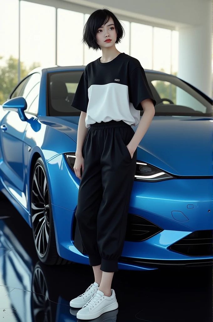 My hair colour black and white shirt pant black and blue audi car 