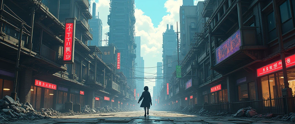 anime style dystopian landscape set in a city 
