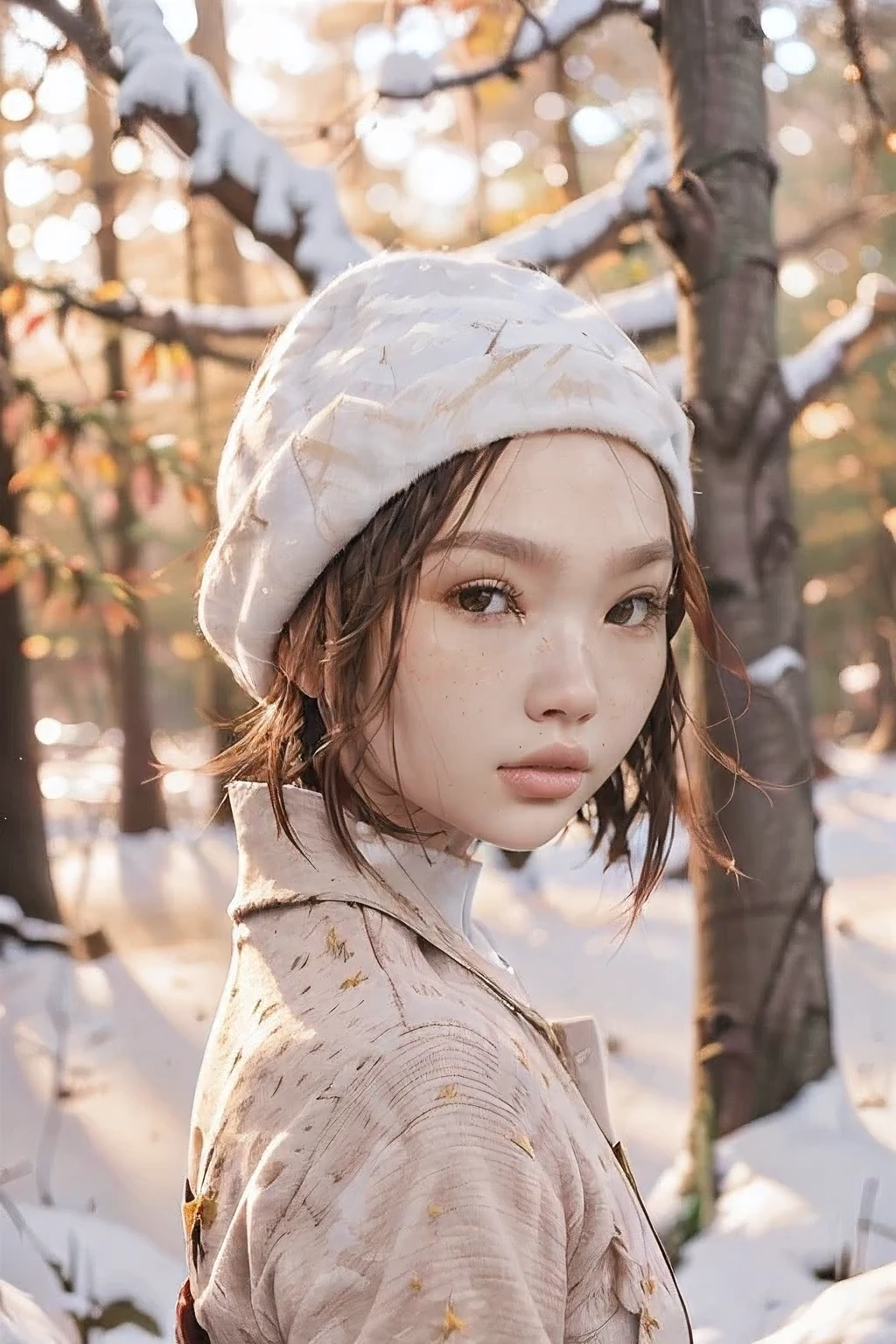 a beautiful japanese college girl with some freckles on her face inspired by hamada hideyaki shot by contax g1 with portra 800 film roll, ((short hair)),  ((yellow trees forest)), autumn,scenery:1.25,((intricate scenery)),((autumn forest background)), ((sun rays)), ((front view:1.4))