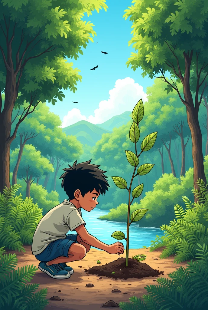 Give me an environmentally friendly manga style image,planting a tree ,details the background more,make a short haired boy 