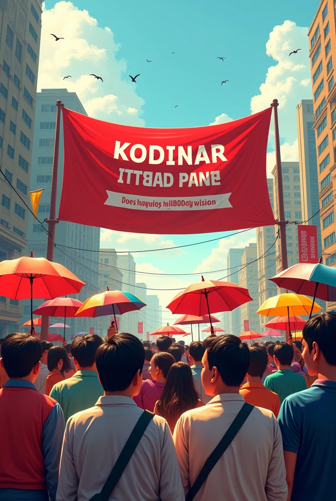 Kodinar ittehad panel written on banner with asian male crowd with umbrellas and also written on banner dont worry about people's who doesn't has vision