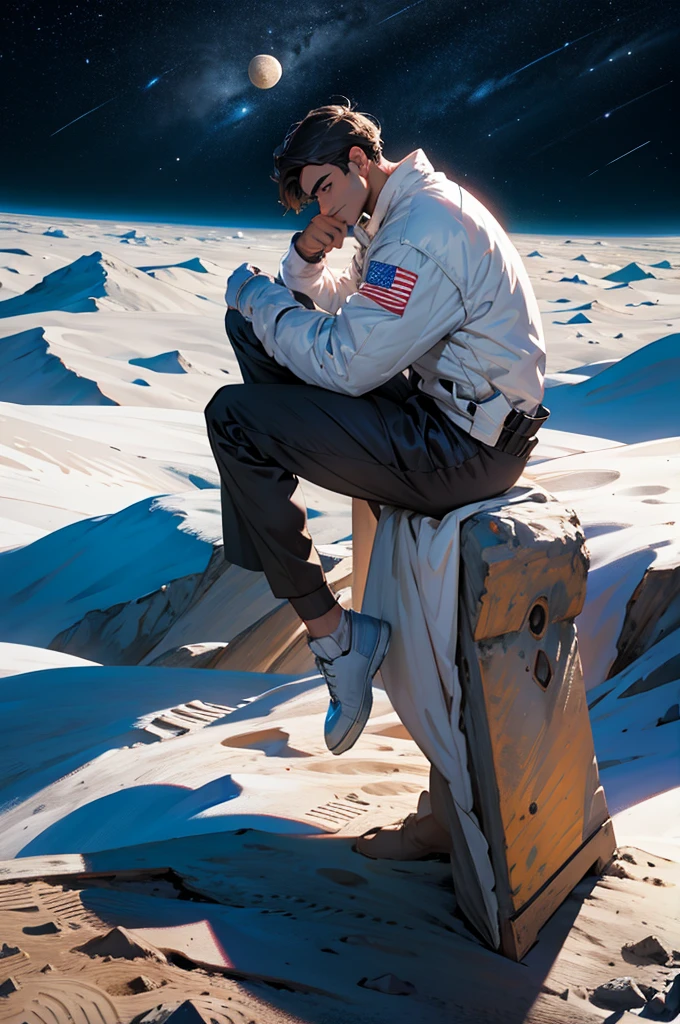 painting of a man sitting on the moon analyzing the earth