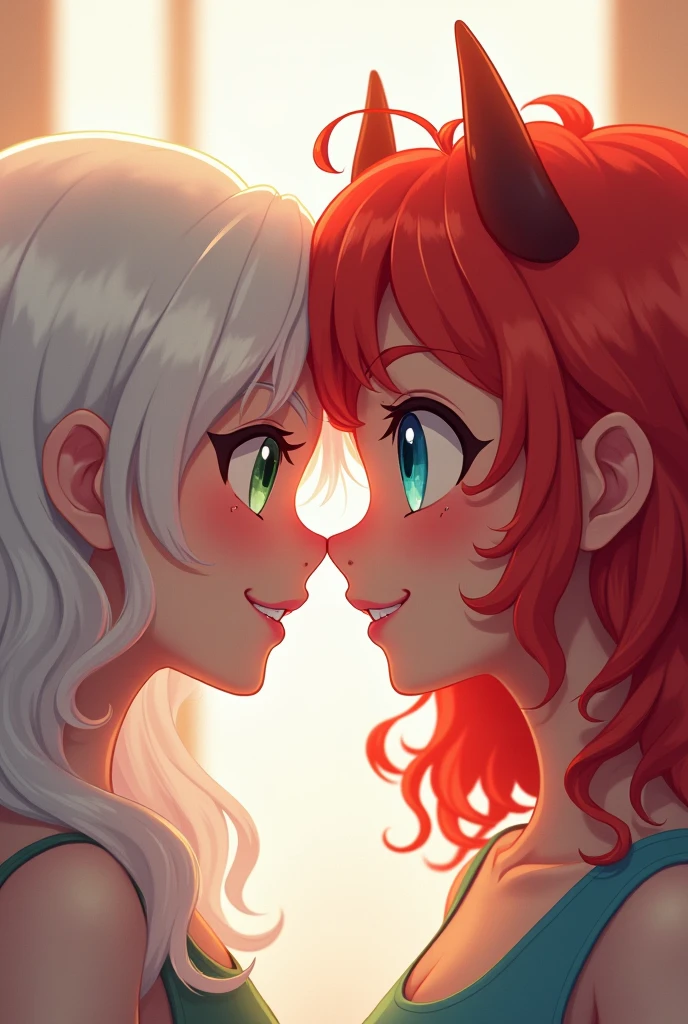 2 anime women pressing their noses against each other fhard. Their noses bending upwards from pressing up against each other. one with long wavy white hair, green eyes and pale skin. the other with curly fluffy red hair covering her eyes and small demon horns, blue eyes, and pale skin, freckles, and a slightly bigger nose.