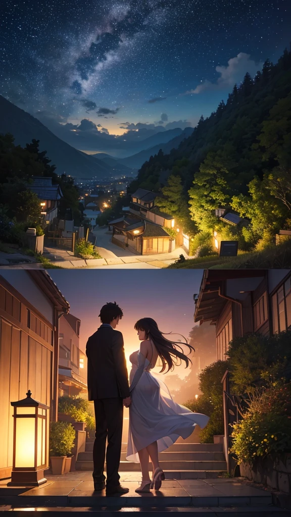A wide-angle view captures the essence of a masterpiece, showcasing the impeccable quality and hyperrealism in the style of Makoto Shinkai. The scene depicts a breathtaking hillside where a couple's silhouettes stand, gazing at the glittering cityscape of Japan at night. The sky is adorned with a myriad of stars, and a shooting star streaks across, illuminating the area beside the characters' faces. This magical and romantic atmosphere is further enhanced as the couple's figures blend seamlessly with the distant lights, creating a mesmerizing composition.
Generate