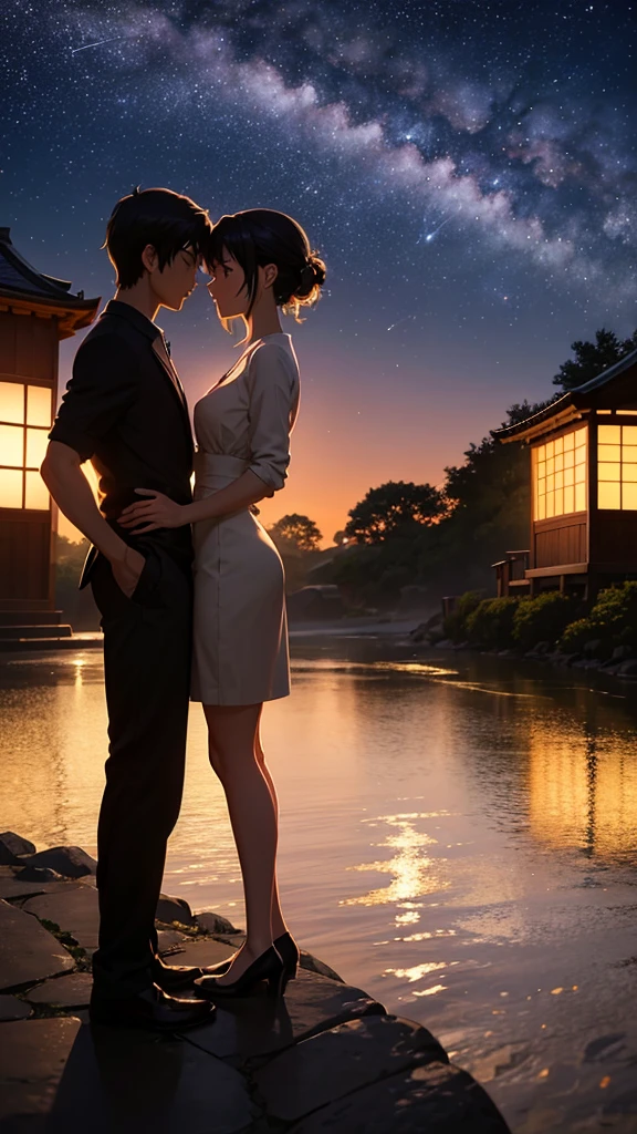 A wide-angle view captures the essence of a masterpiece, showcasing the impeccable quality and hyperrealism in the style of Makoto Shinkai. The scene depicts a breathtaking hillside where a couple's silhouettes stand, gazing at the glittering cityscape of Japan at night. The sky is adorned with a myriad of stars, and a shooting star streaks across, illuminating the area beside the characters' faces. This magical and romantic atmosphere is further enhanced as the couple's figures blend seamlessly with the distant lights, creating a mesmerizing composition.

Generate