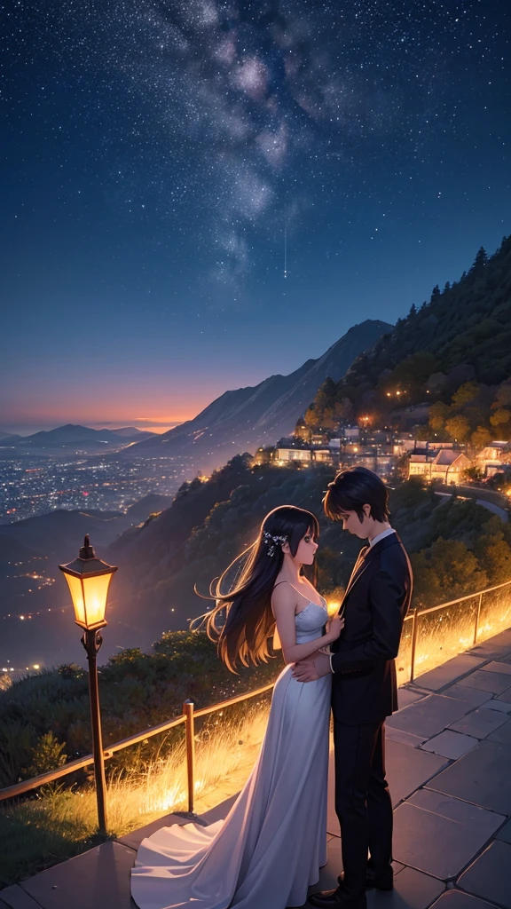 A wide-angle view captures the essence of a masterpiece, showcasing the impeccable quality and hyperrealism in the style of Makoto Shinkai. The scene depicts a breathtaking hillside where a couple's silhouettes stand, gazing at the glittering cityscape of Japan at night. The sky is adorned with a myriad of stars, and a shooting star streaks across, illuminating the area beside the characters' faces. This magical and romantic atmosphere is further enhanced as the couple's figures blend seamlessly with the distant lights, creating a mesmerizing composition.
Generate