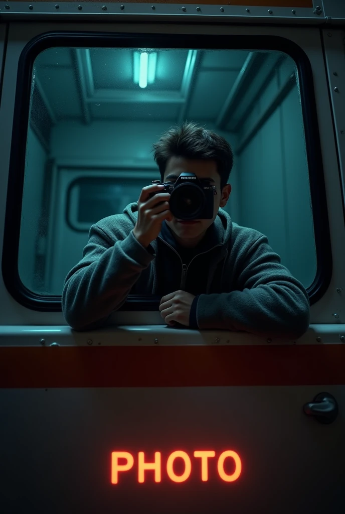 Create a picture of a young man, who takes photos with a large SLR camera from the rear window of a delivery van. The windows should be darkened.
PHOTO should be written in bright letters under the picture.