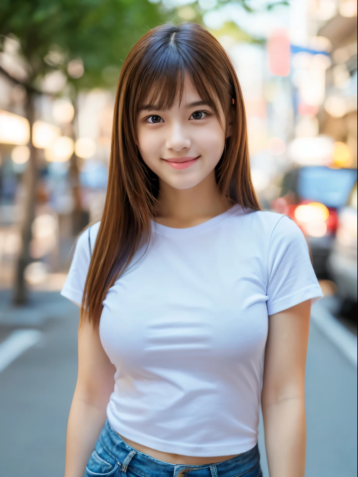 (8k, Top quality, Masterpiece:1.2), (Realistic, photo-realistic:1.37), Super detailed, perfect anatomy, cute, small eyes, 18 years old, a Japanese, girl, short sleeve, at alley, posing, smile, full body, big breast,