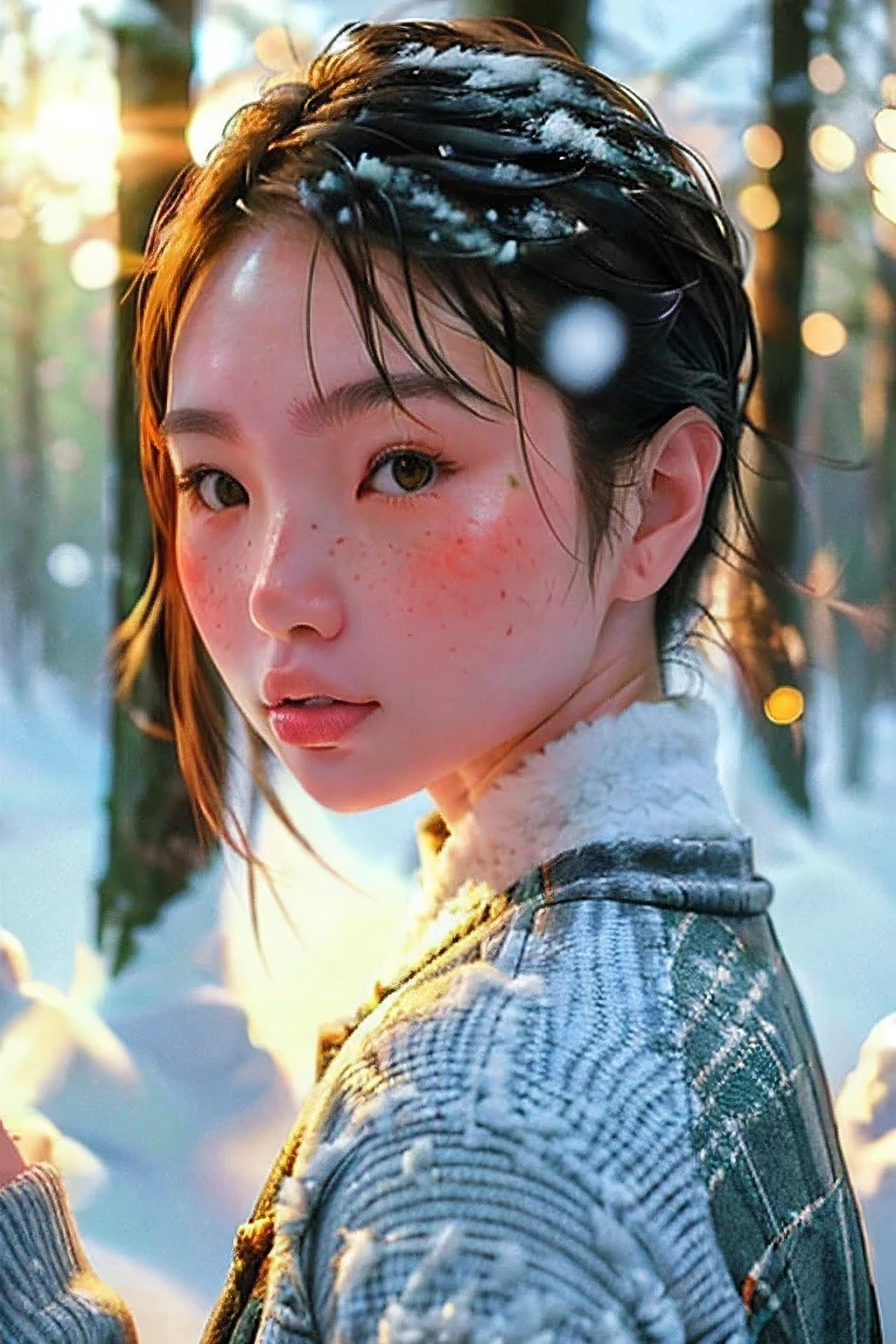 a beautiful japanese college girl with some freckles on her face inspired by hamada hideyaki shot by contax g1 with portra 800 film roll, ((short hair)),  ((snowy pine forest)),winter,scenery:1.25,((intricate scenery)),((snow forest background)), ((sun rays)), (gentle snow:1.3)) , (big snow flakes))