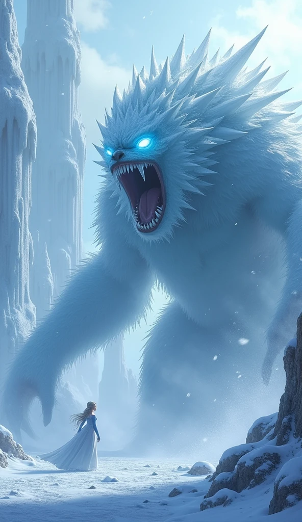 Snow monster appears in front of queen elsa's ice castle