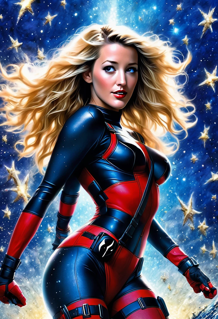 Blake Lively (light blue skin with sparkling flecks, age 25, lactating engorged breasts, sexy small Deadpool themed mini dress (stomach exposed)), camera low looking up at her butt and a starry sky, a few tiny space ships fly across the sky, lush ocean world