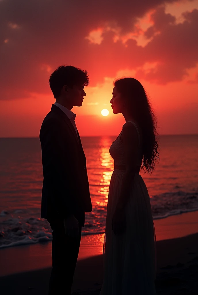 Shadow couple girl and boy pointing each other on heads with hand signs of guns no real guns dark aesthetic real sunset evening shore