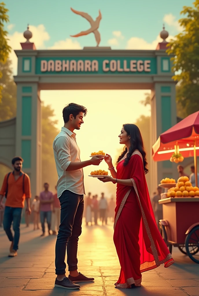 There should be a college, the college should have a big gate, &#39;Dabhaara College&#39; should be written on the gate, there should be a golgappe stall near the gate, near that golgappe stall there should be a boy whose shirt is white and jeans are black, there should be a girl who is wearing a red salwar suit, who has a plate of golgappas in one hand and a golgappa in the other hand, which she is feeding the boy with her hands and there are other people near the boy and the girl 