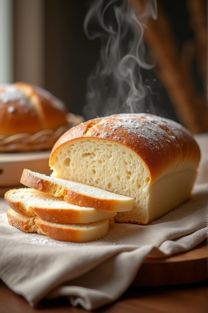 I need you to create a very realistic image of a traditional white bread that will make your mouth water and make you want to buy it.