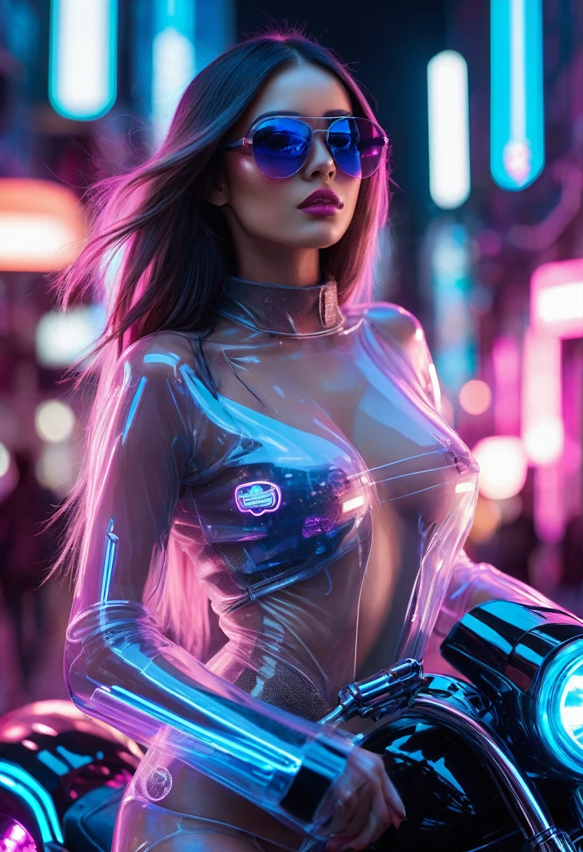 image of a beautiful girl with long hair and sunglasses in completely transparent translucent outfit, you can see her ass and breast through her transparent skin, She is on a futuristic cyber street lit with blue and pink neon with futuristic buildings,