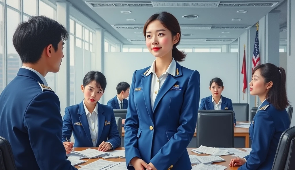 A stunning oil painting of a scene beautifully portraying, In a bustling government office, a young beautiful Korean woman, newly appointed as a government officer, stands confidently in her crisp official uniform. Surrounded by her colleagues, she engages in animated discussion, her expression a blend of enthusiasm and determination. Her uniform, neatly pressed and adorned with insignia, symbolizes her new role. The office environment is busy, with papers and computers scattered across desks, highlighting the dynamic and professional atmosphere as she integrates into her new position. The painting exhibits a dream-like, impressionistic style, with visible brushstrokes that create a sense of depth and texture. The color palette primarily consists of light blue, greys, and blacks, evoking a enthusiastic atmosphere. wide shot view.  talking to her colleagues