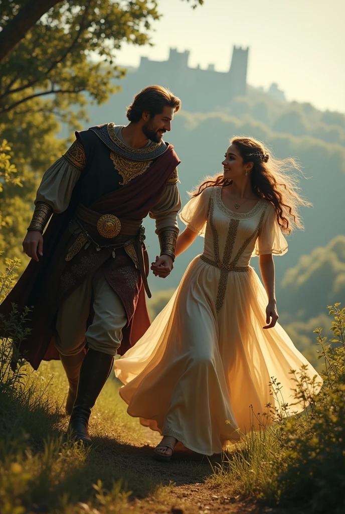Medieval unarmored duke saving princess holding hands running looking at each other