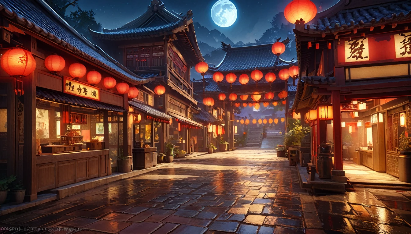 Official Art, ancient China, Ancient Street, (night), (moon), Light, beautiful scenery, Magnificent scenery, Realistic lighting, masterpiece, high quality, Beautiful graphics, High Detail, Global Illumination, Unreal Engine Rendering, Octane Rendering, (high resolution:1.3)