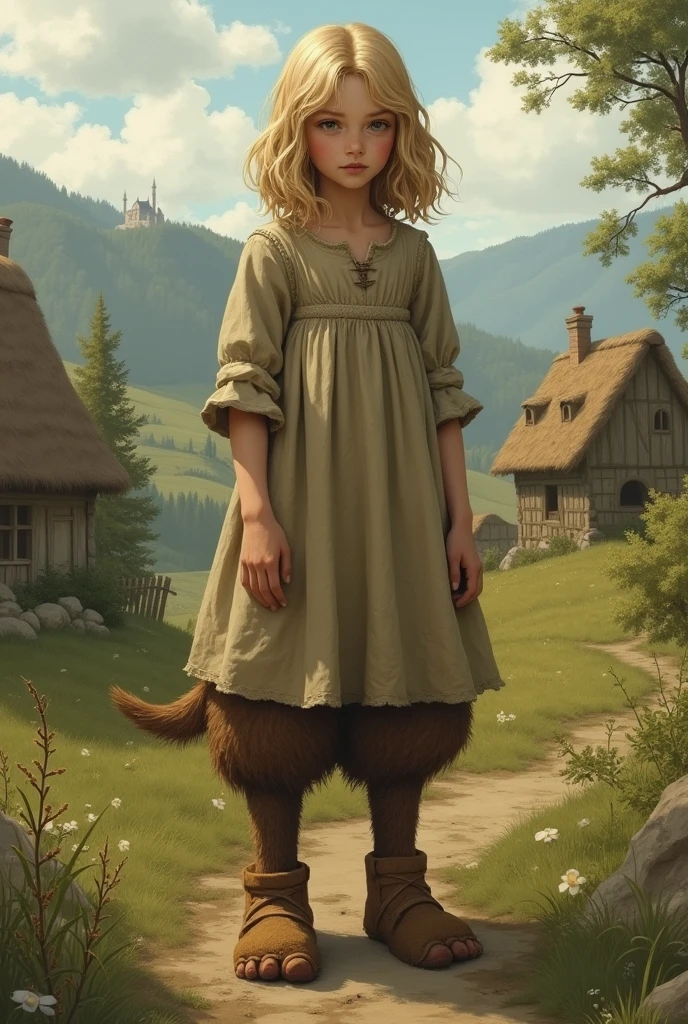 An image of a 13 year old blonde girl in the medieval period in poor clothing with two goat legs with the goat coats showing.