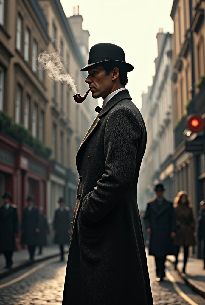 An iconic scene showing Sherlock Holmes with his hat and pipe on Baker Street 
